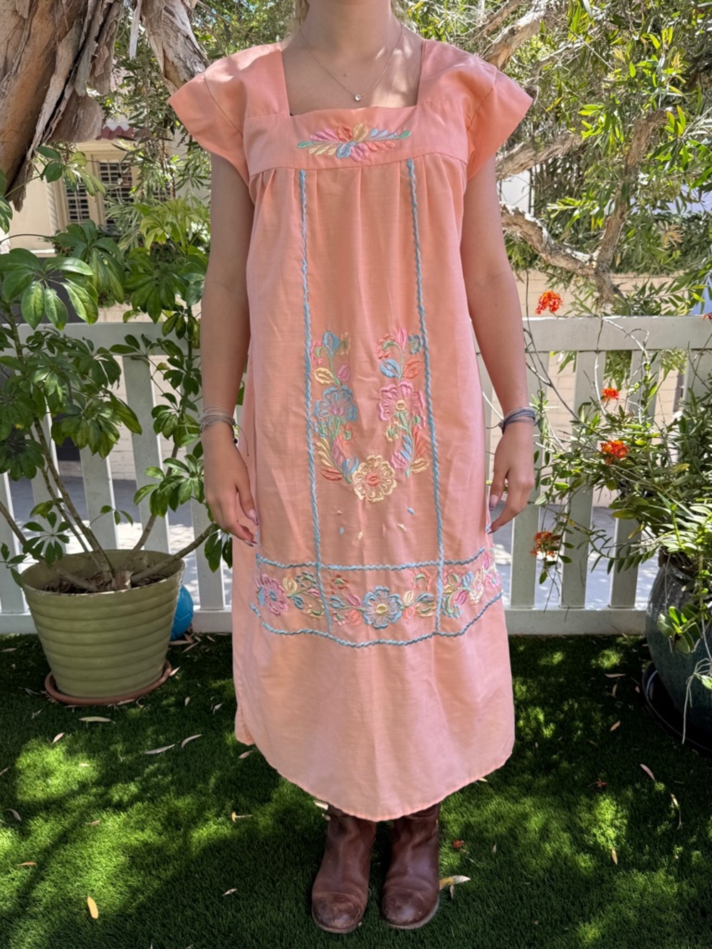 Peach Embroidered Cotton blend Mexican Midi Dress